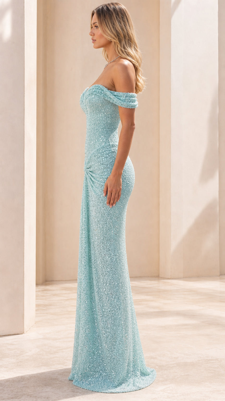 Off-the-Shoulder Sweetheart Ruched Sequin Evening Gown