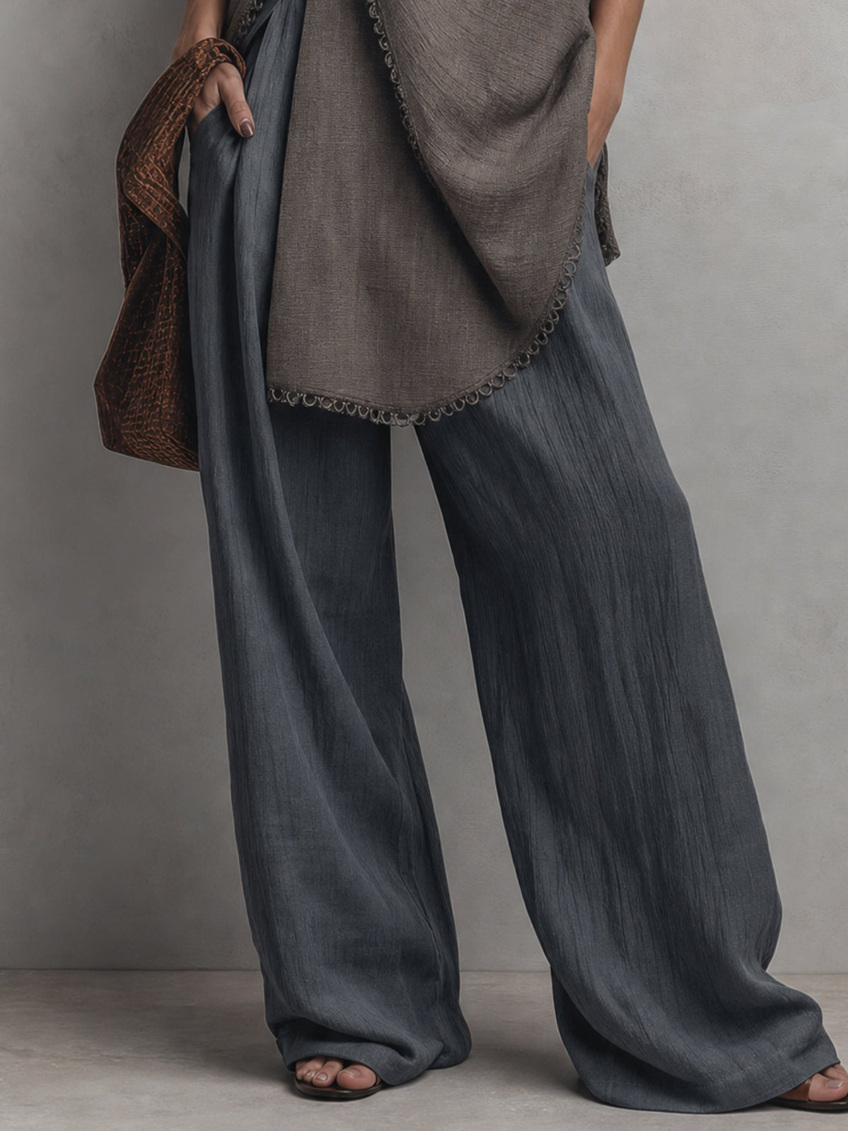 Gray Linen Blend Sculptural Top And Wide Leg Pants Set