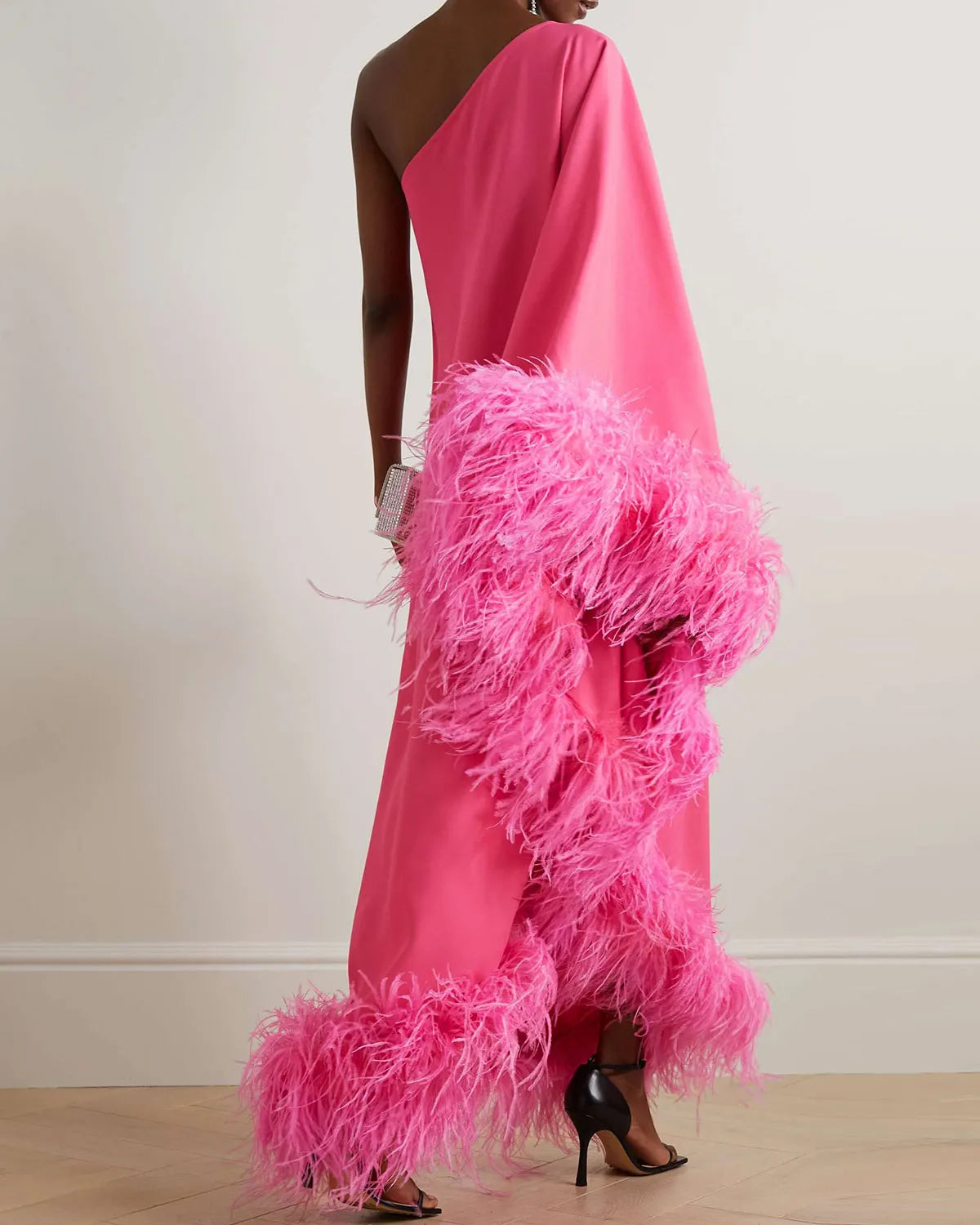 Feather-Trimmed Crepe Midi Dress