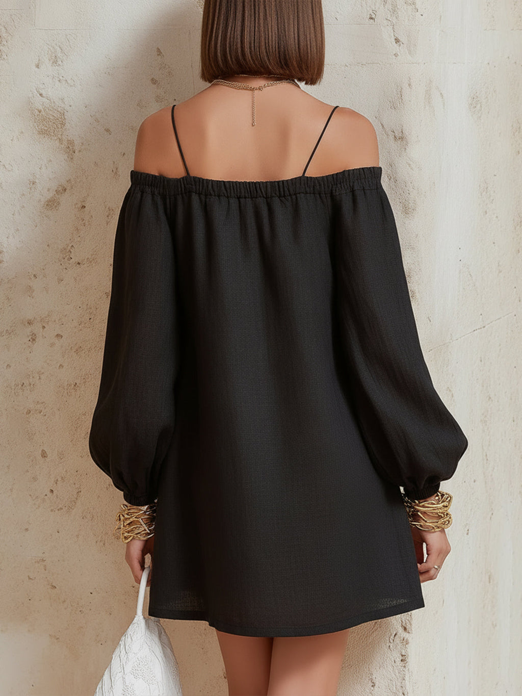Black Cold Shoulder Long Sleeve Golden Floral Embroidered Mini Dress