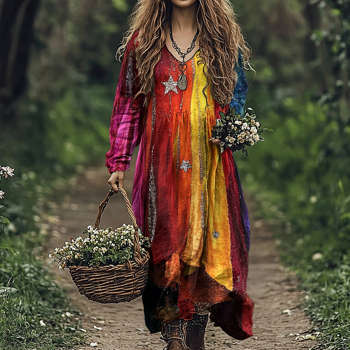 Women's Vintage Gradient Star Patchwork Comfy Midi Dress