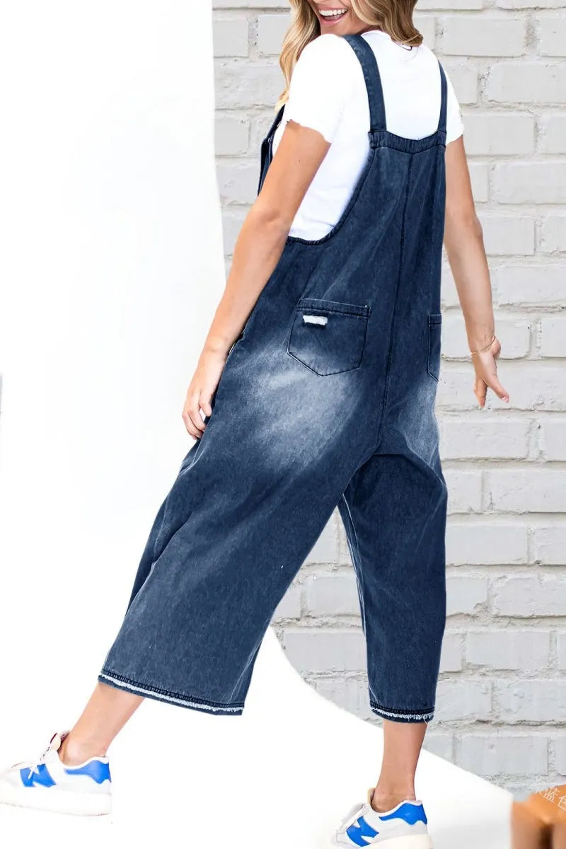 Women's Casual Adjustable Straps Denim Bib Overalls Distressed Ripped Wide Leg Jeans Long Pants Jumpsuits