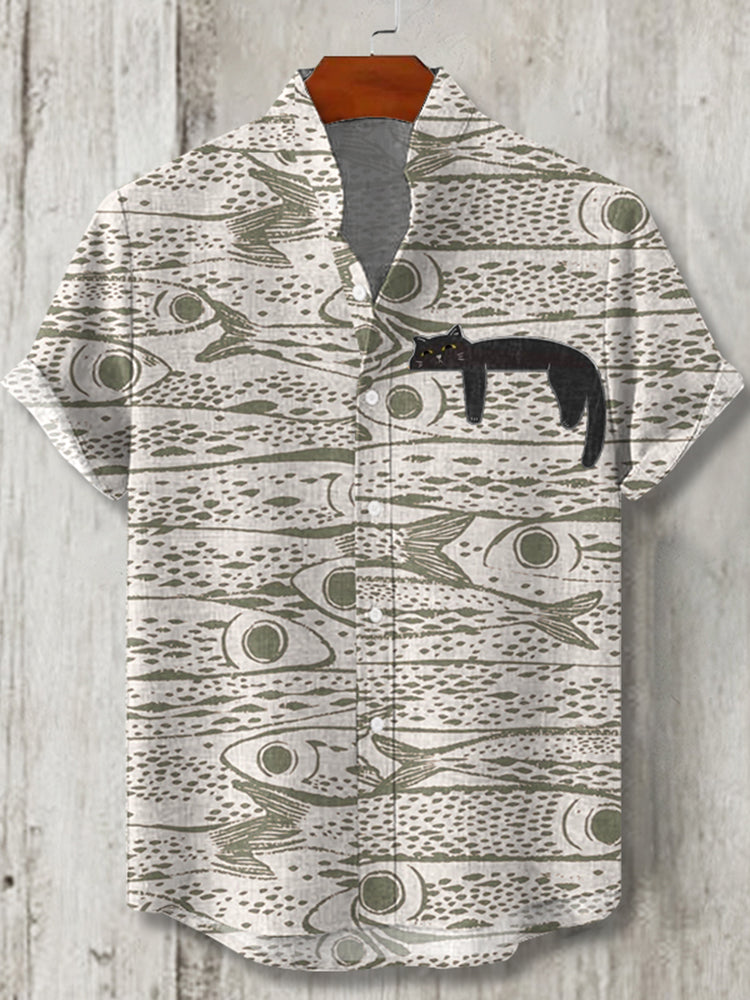 Men's Schools Of Fish With Lazy Black Cat Japanese Art Print Button Casaul Shirt