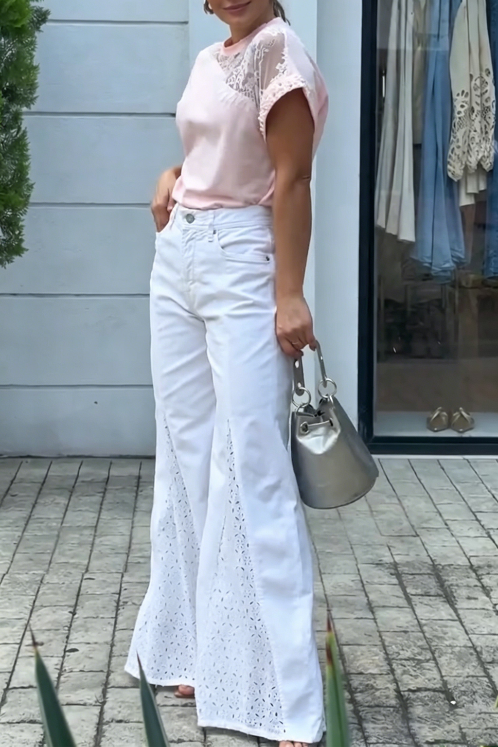 Women Round Neck Patchwork Lace Nail Bead Top or Patchwork Hollowed Out Wide Leg Pants