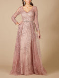 V-Neck Lace Solid Color Long Sleeves Maxi Dress