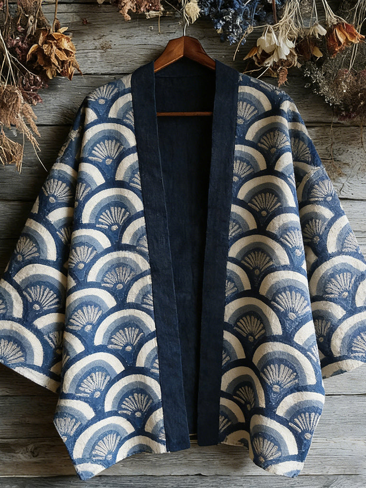 Retro Japanese Traditional Scallop Art Print Cotton And Linen Blend Kimono Cardigan