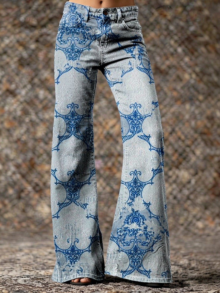 Women's Vintage Ethnic Blue And White Textured Floral Art Printed Casual Slim  Wide Leg Pants