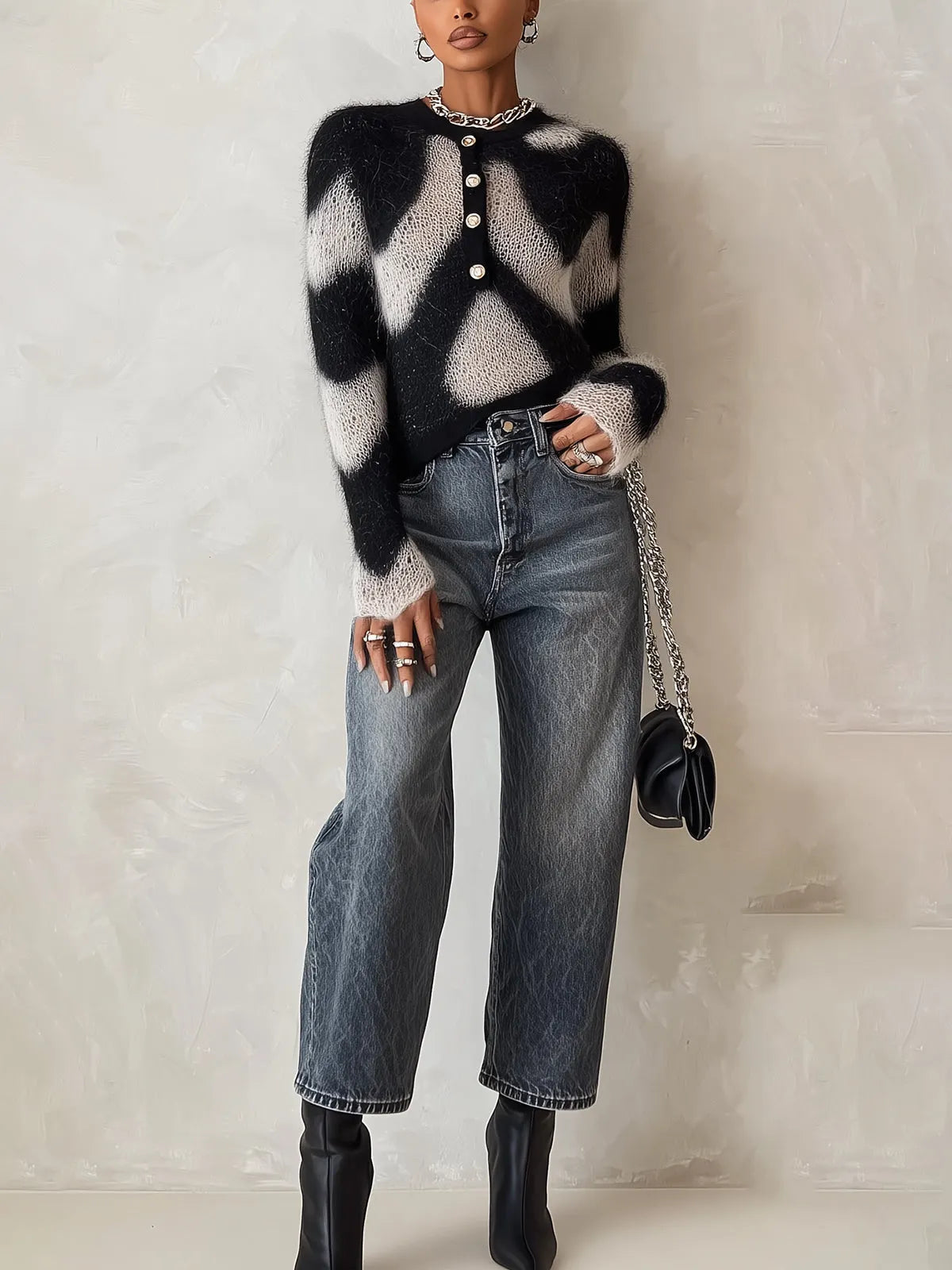 Black White Fuzzy Button-Front Knit Sweater