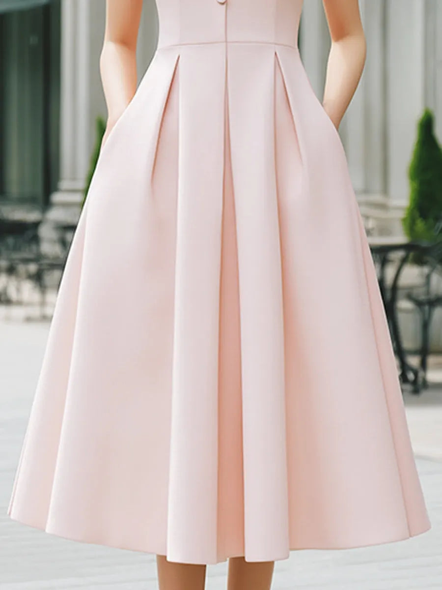 Mandarin Collar Button-Front Sleeveless Pleated A-Line Maxi Dress