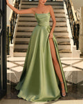 Women's Green Bandeau Slit Satin Evening Dress - 01