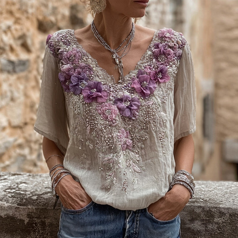 Vintage Purple Flowers Embroidered Short Sleeve Linen Shirt