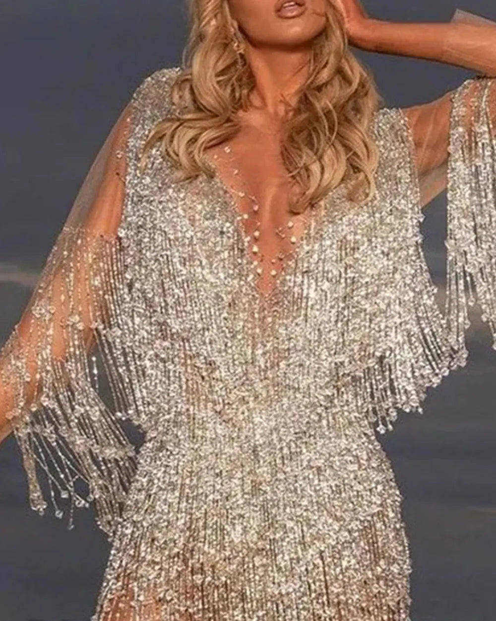 Sequined Tasseled Loose Short Sleeves V-neck Dress