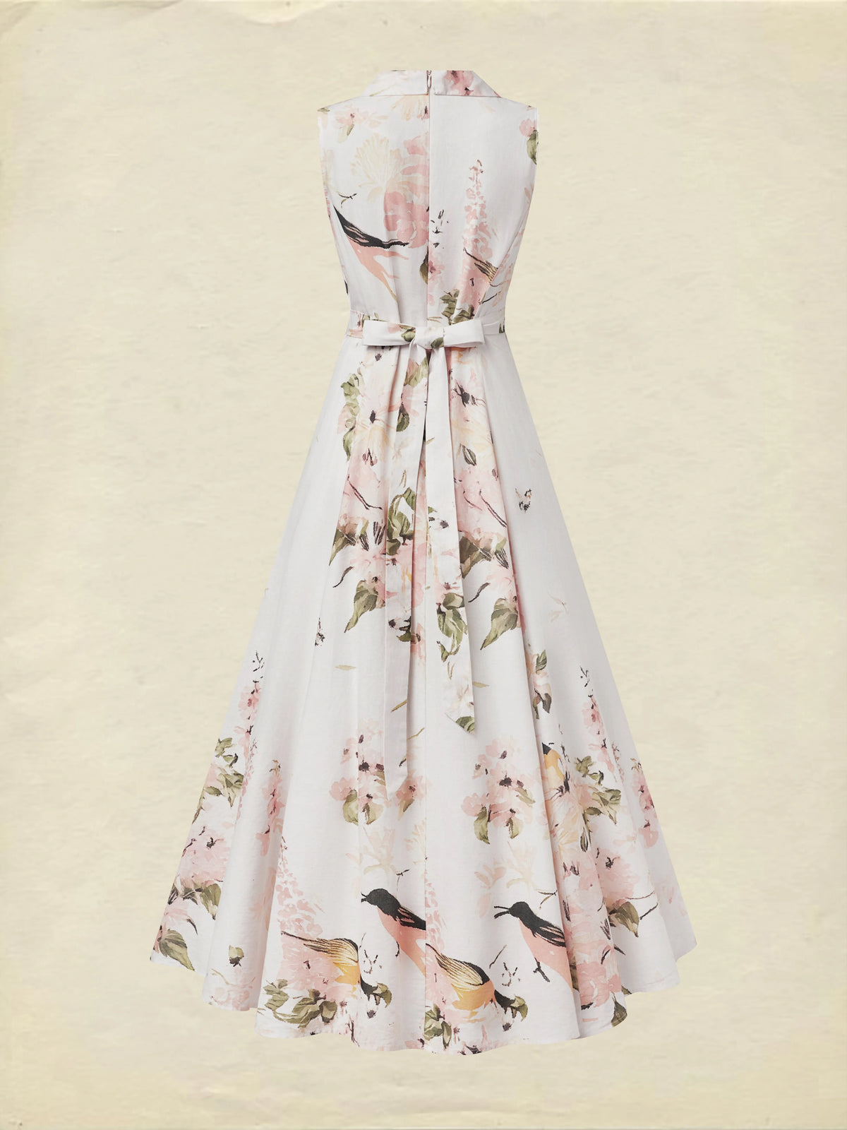 Maxi Linen Dress, Shawl Collar, Button Down, Cottagecore, Sleeveless, Linen Blend, White, plant print