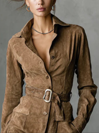 Suede Single Breasted Lapel Long Sleeve Midi Dress(Includes belt)