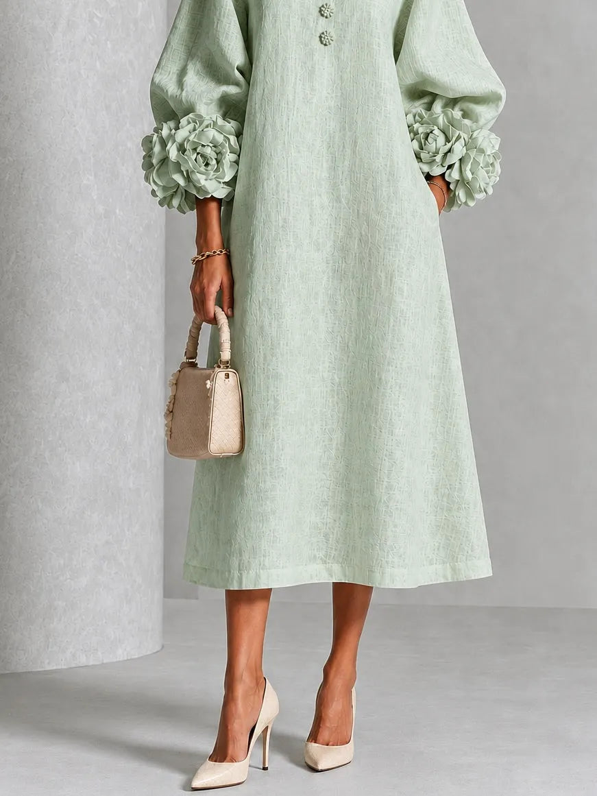 Sage Mist Floral Button-down Midi Dress With Striking Floral Cuffs