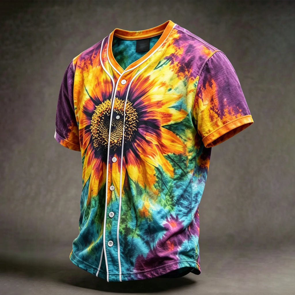Men's Retro Sunflower Tie-dye Short-sleeve Cotton Linen Shirt