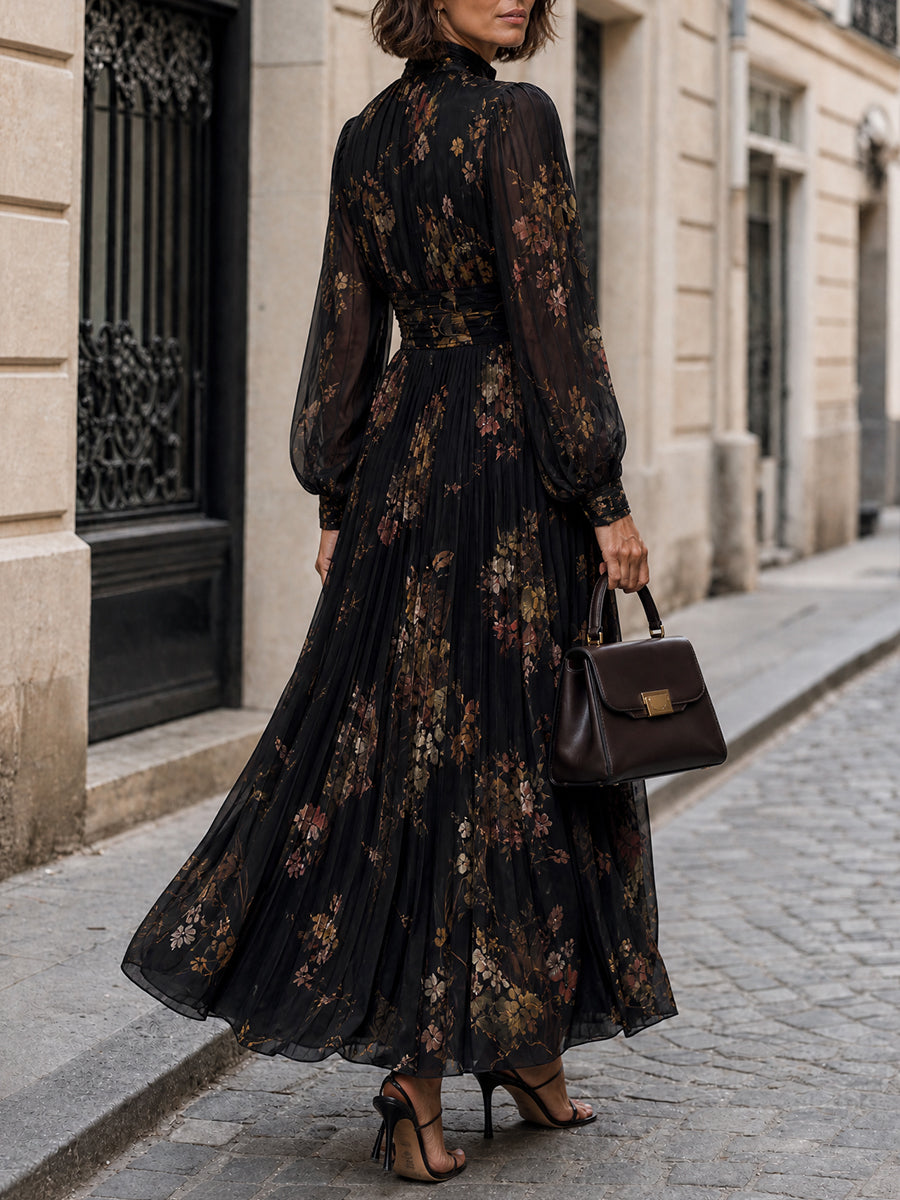 Black Elegance Long Sleeves Floral Print Pleated Maxi Dress