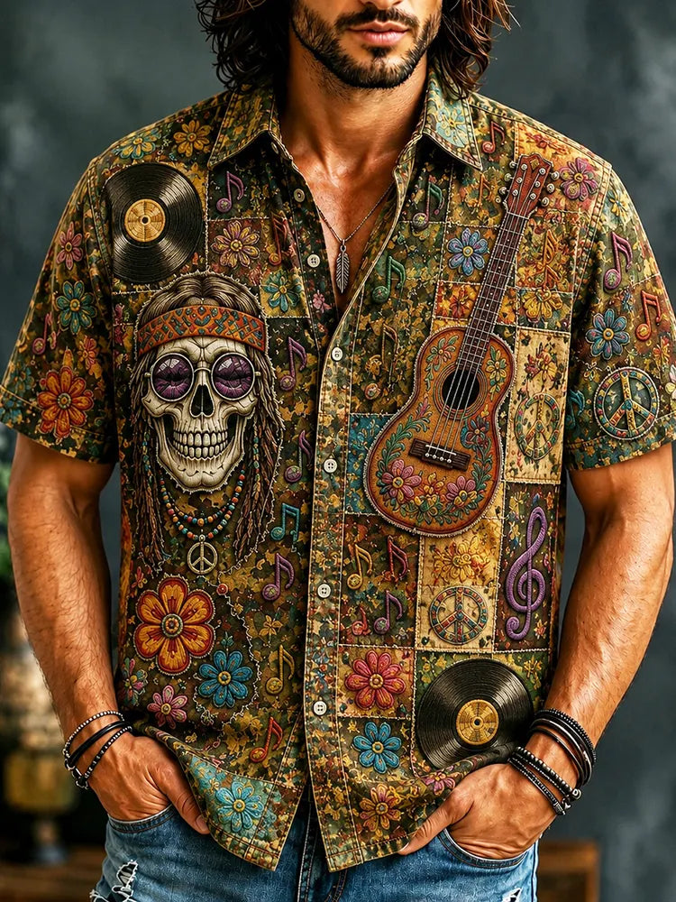 Men's Peace Love Music Hippie Camo Art Print Casual Shirt