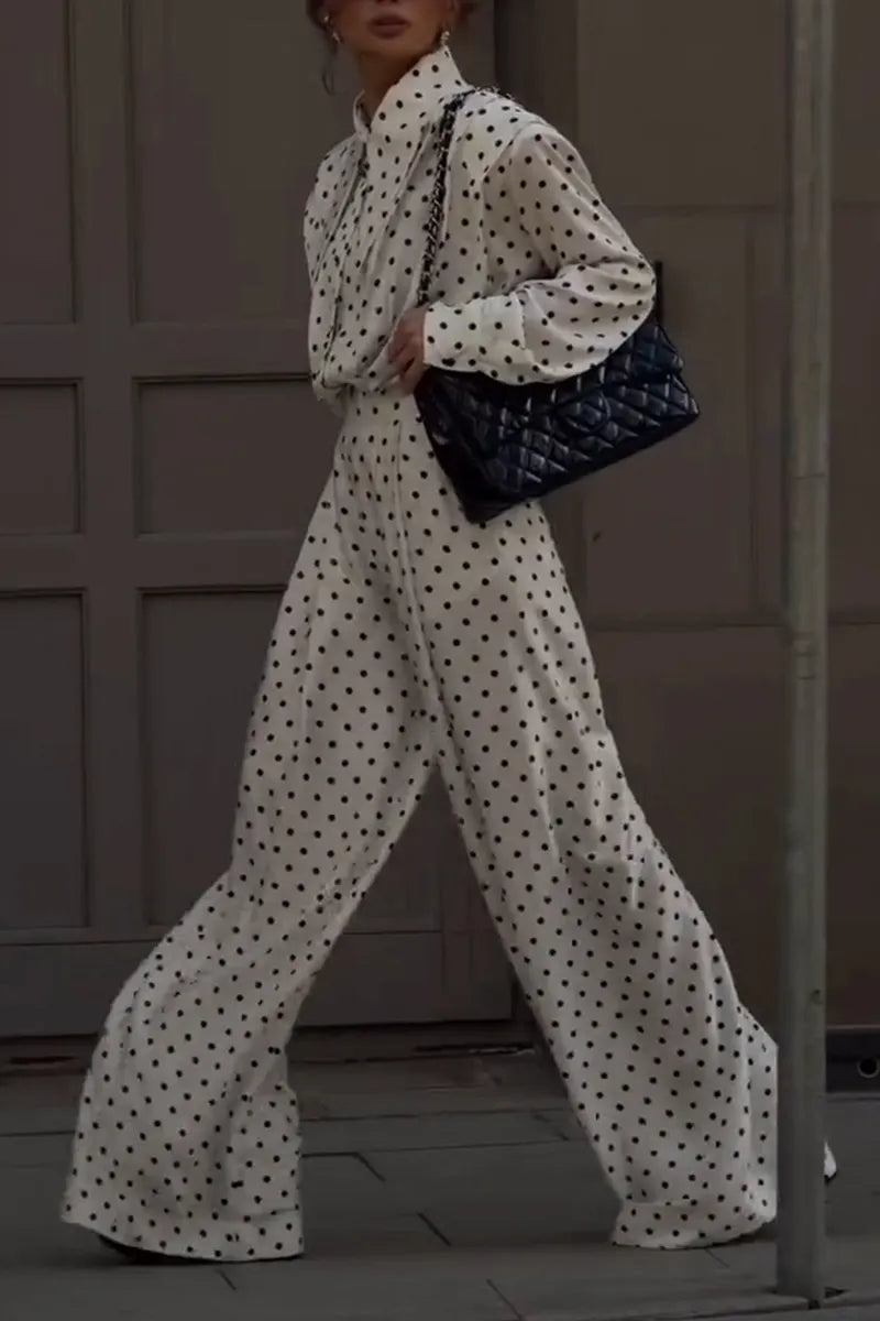 Women's Casual Loose Polka-Dot Shirts Pants Set