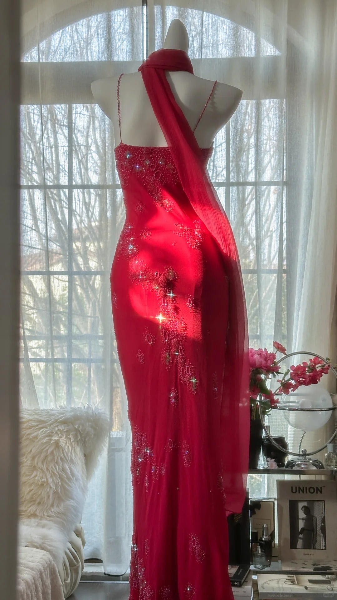 Red Romantic Gorgeous Fashion Elegant Exquisite Beaded Long Chiffon Ball Gown Evening Dress Birthday/Wedding Guest/Vacation Party Dress Prom Dress Valentine's Day Date Dress 4027