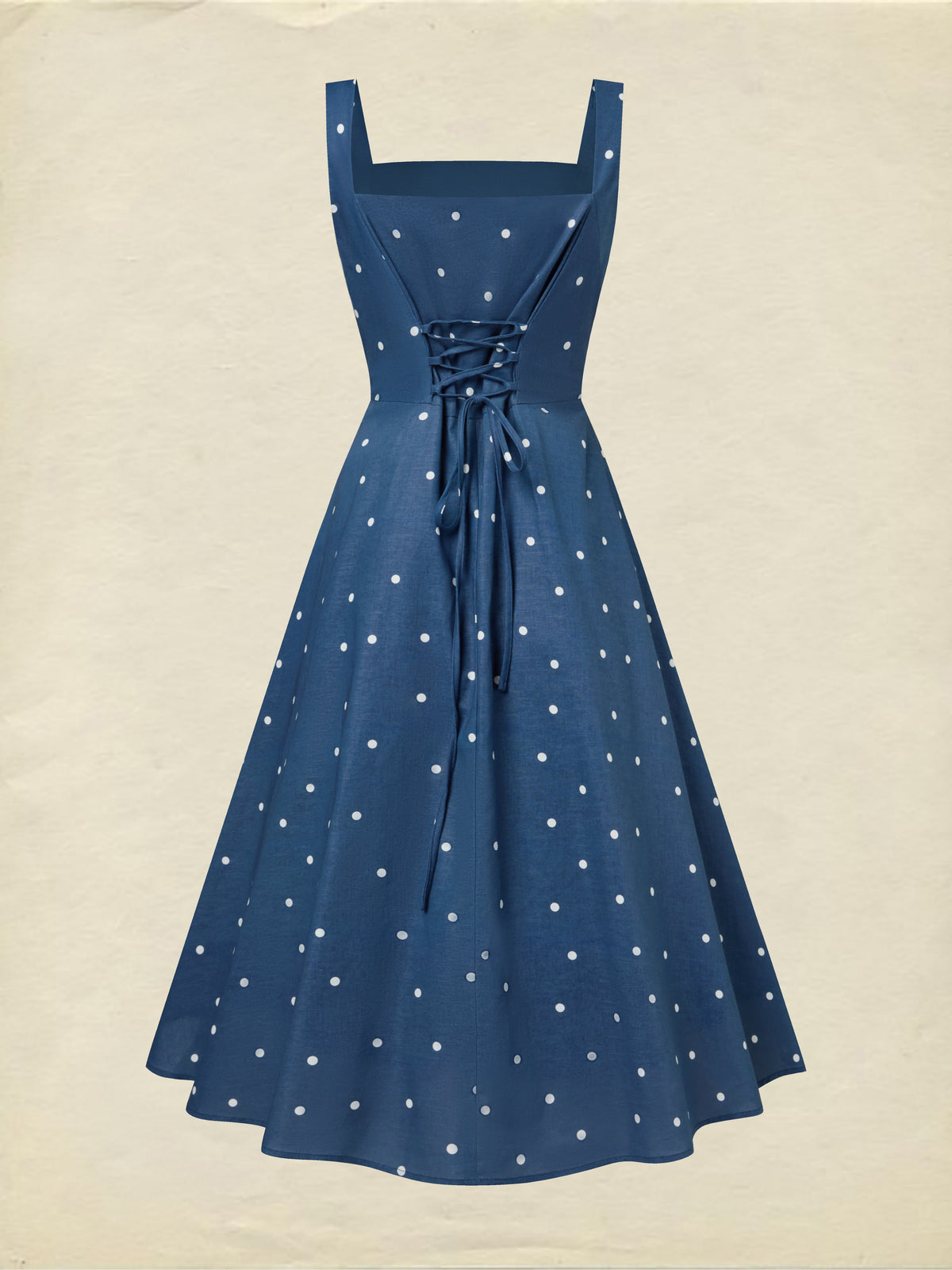 Midi Cotton Dress, Sleeveless, Square Neck, Polka Dots, Pocket Design, French Vintage, Deep Blue