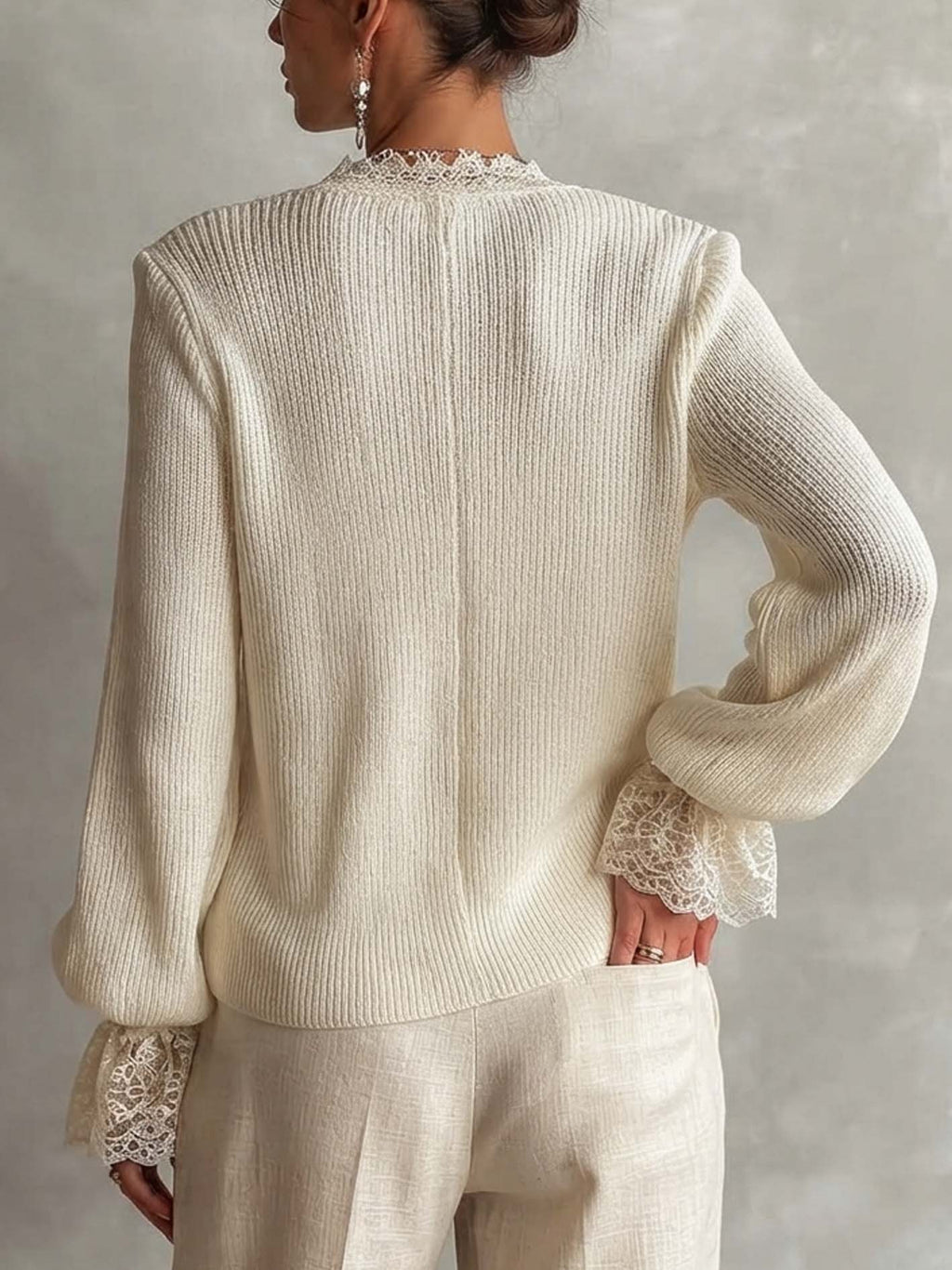 White Ribbed Knit Cardigan With Lace Trim And Button Front