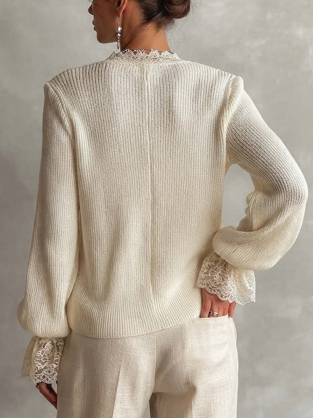 White Ribbed Knit Cardigan With Lace Trim And Button Front