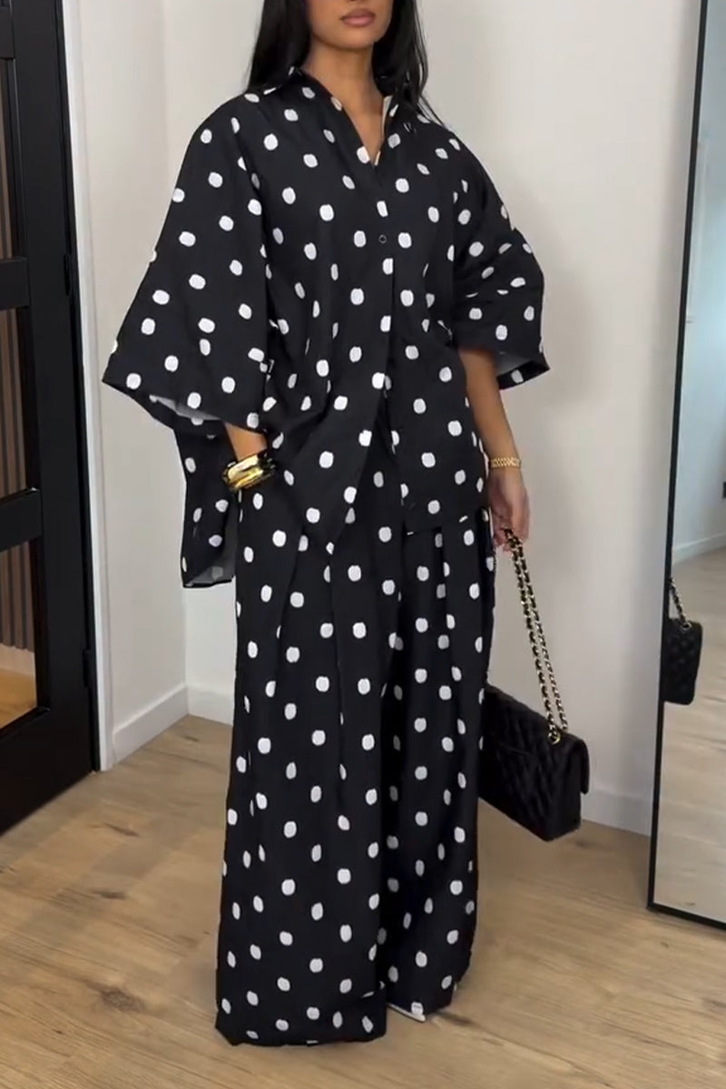 Women Collar Polka Dot Top+ Wide Leg Pants Loose Casual Suit