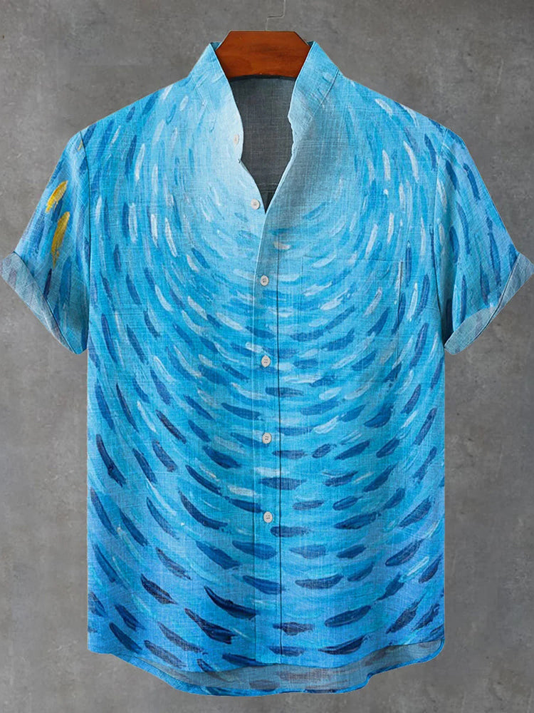Japanese-style Ocean Pattern Art Print Casual Shirt