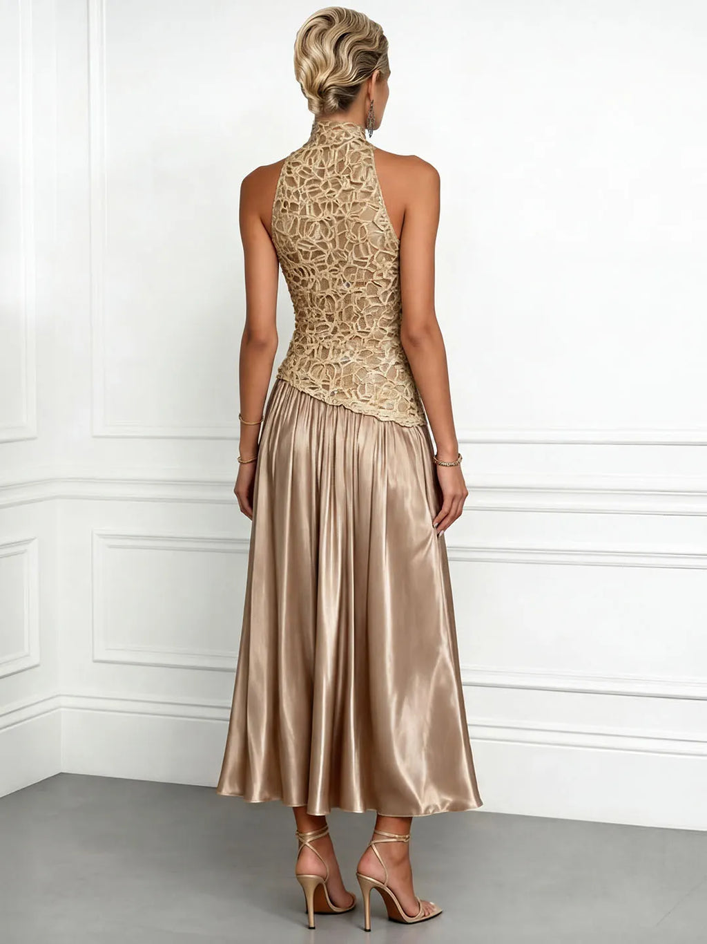 Elegant Backless Lace Satin Maxi Dress