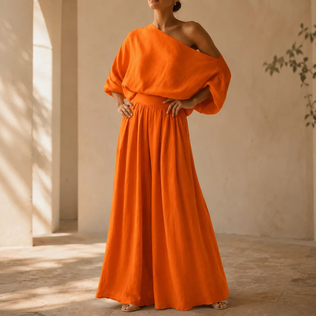 Solendra – Coordinated One-Shoulder Top and Flowing Wide-Leg Pants