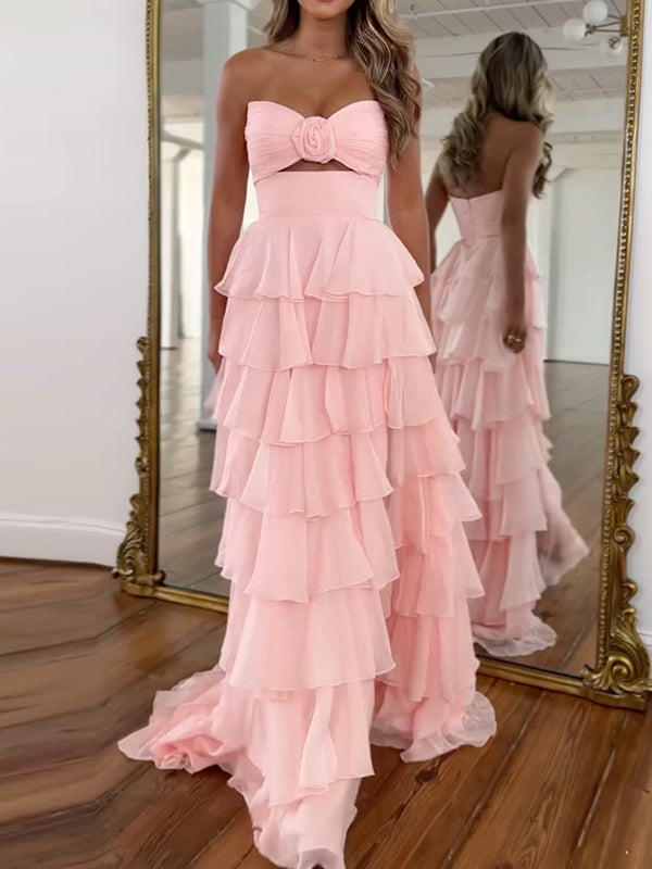 Solid Color Sleeveless Tube Ruffled Evening Gauze Maxi Dresses