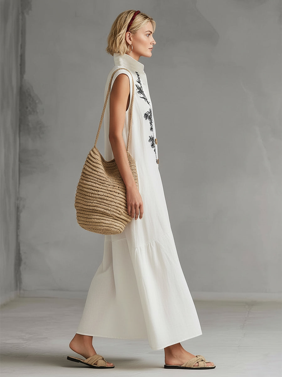 Exquisite Embroidered White Cotton And Linen Collared Button Sleeveless Maxi Dress