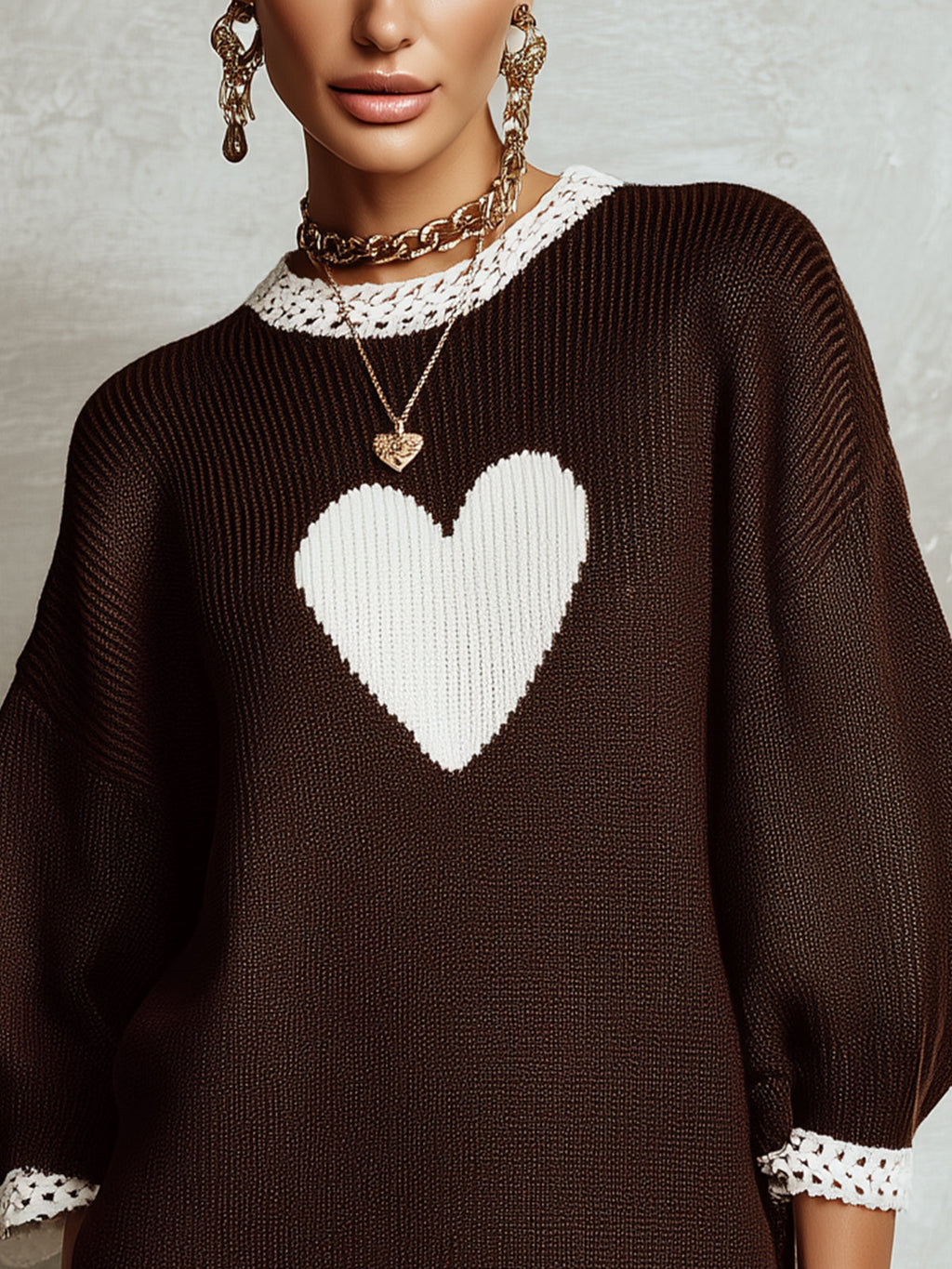 Brown Heart Intarsia Lace Trim Knit Mini Dress