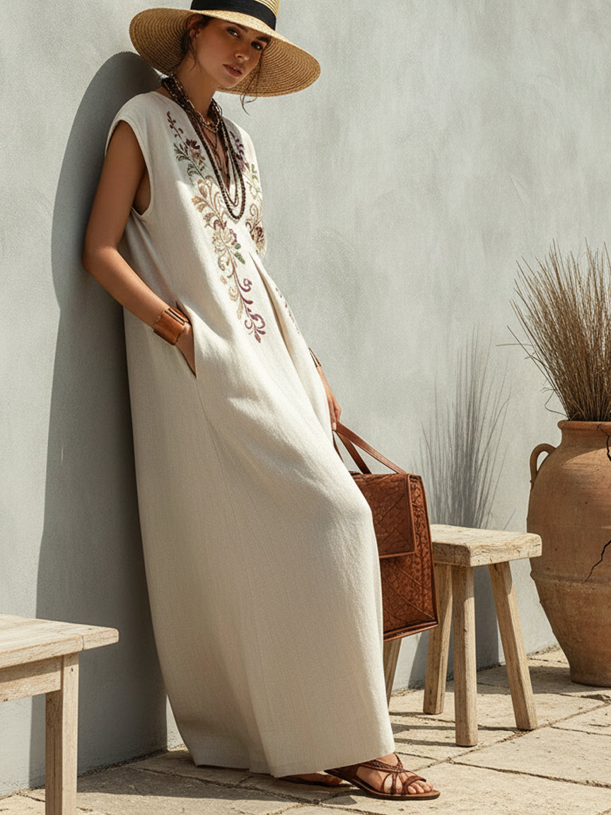 Beige Linen Blend Sleeveless Embroidered Maxi Dress