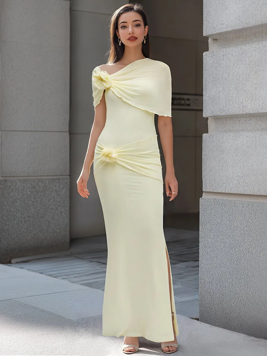 One-Shoulder Floral Draped Bodycon Maxi Dress