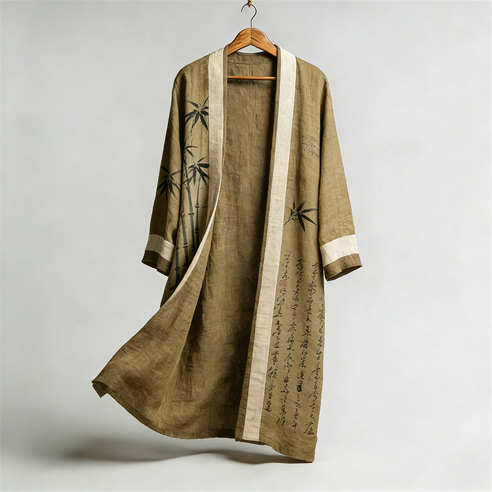 Retro Japanese Bamboo Patterned Linen Flowing Kimono
