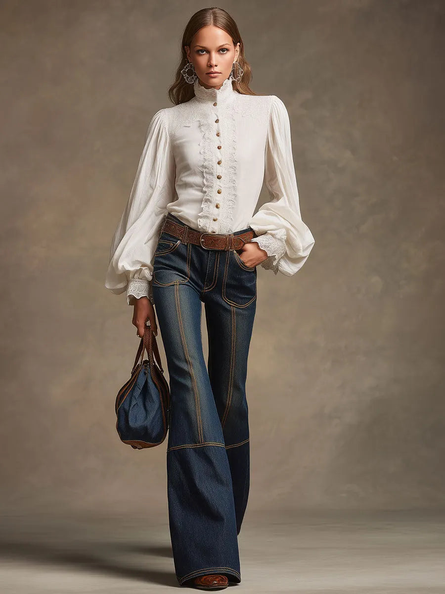 Retro Brown Double-stitched Navy Jeans