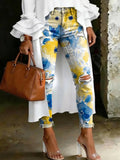 Women's Fashion Ombré Watercolor Floral High-waisted Skinny Ripped Casual Jeans With Artistic Print