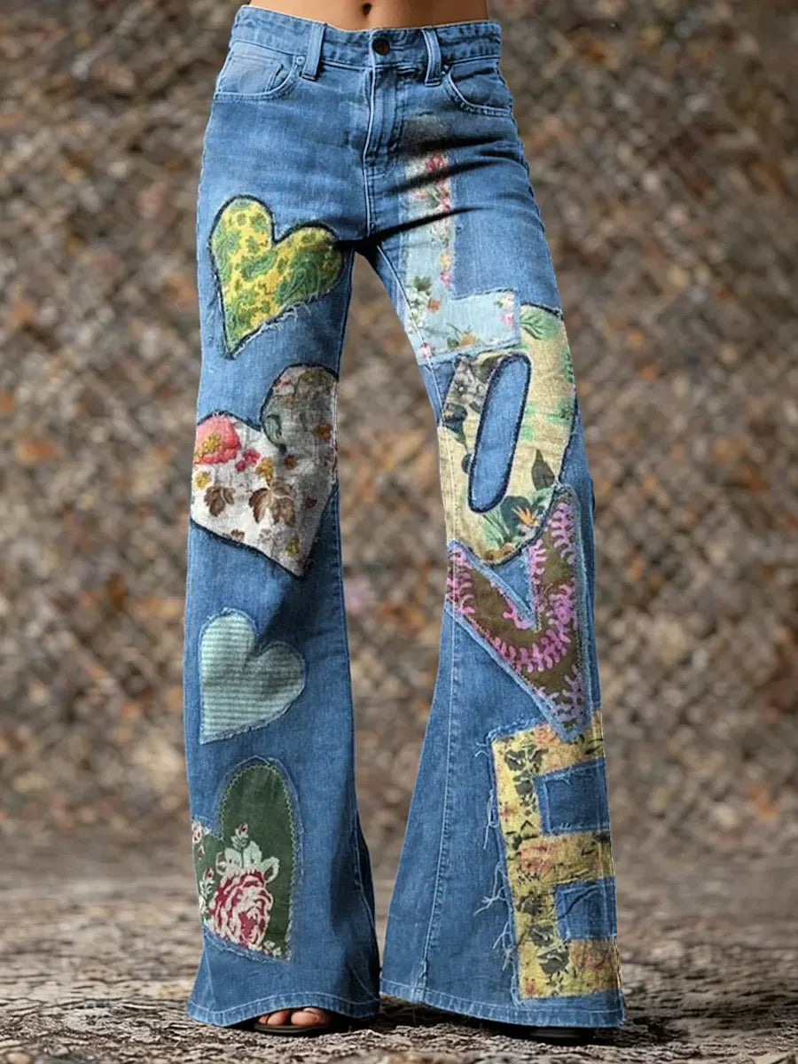 Women's Floral Love Patchwork Art Print Washed Pants