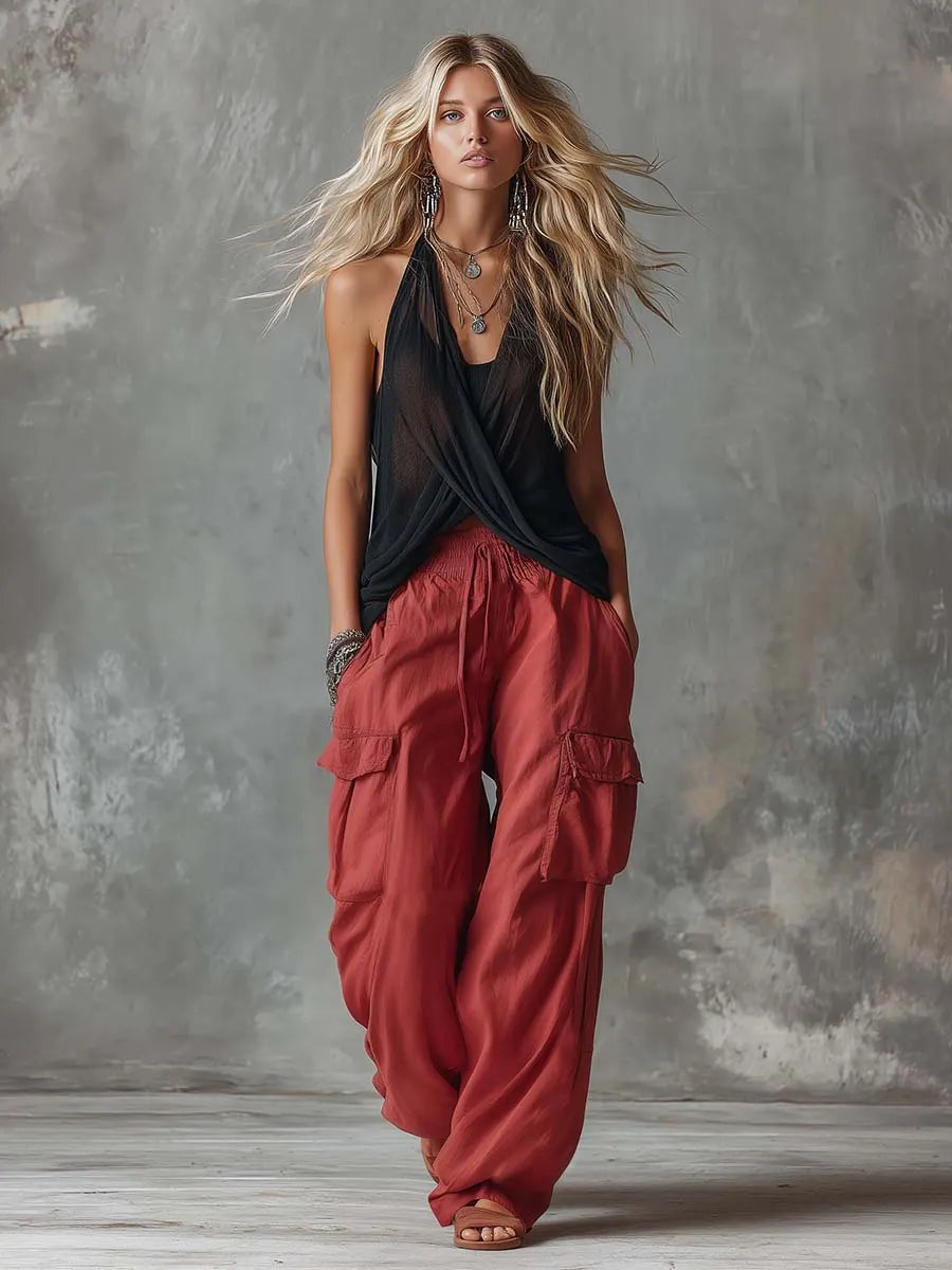 Retro Casual Workwear Style Black V-Neck Mesh Top And Red Cotton Pants Set
