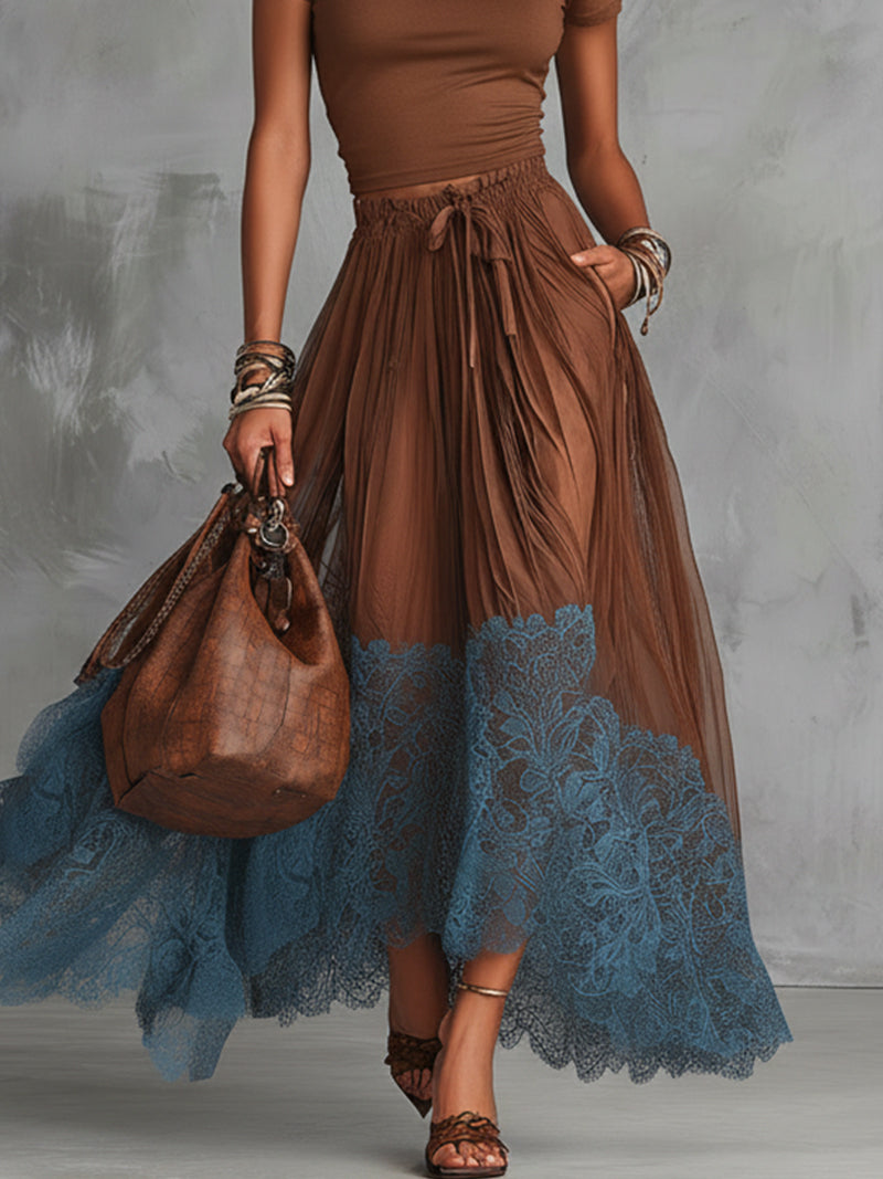 24-Hour-Shipping Brown Short Sleeve Shirt And Blue Lace-Trim Tulle Maxi Skirt Set