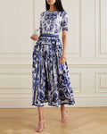 printed silk round neck midi dress