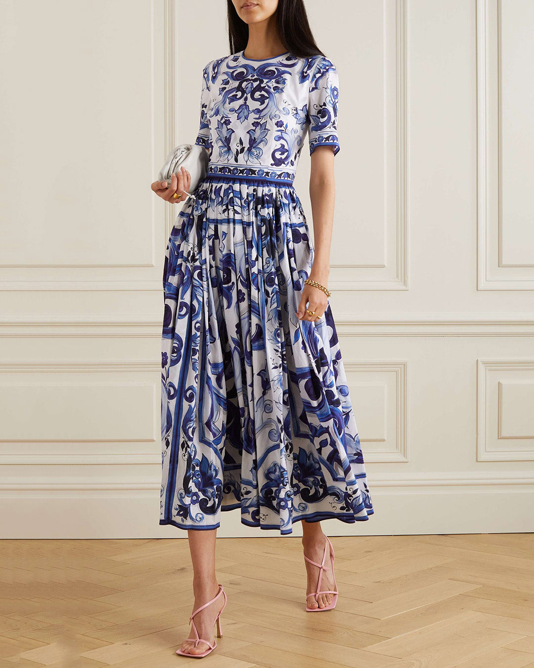 printed silk round neck midi dress