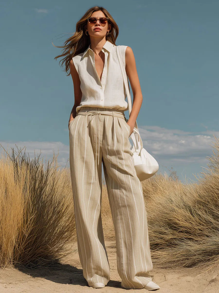 Casual Retro Cotton And Linen Sleeveless Shirt And Khaki Striped Wide-leg Pants Set