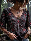 Women's Halloween-themed Spider, Rose, And Bone Print Top