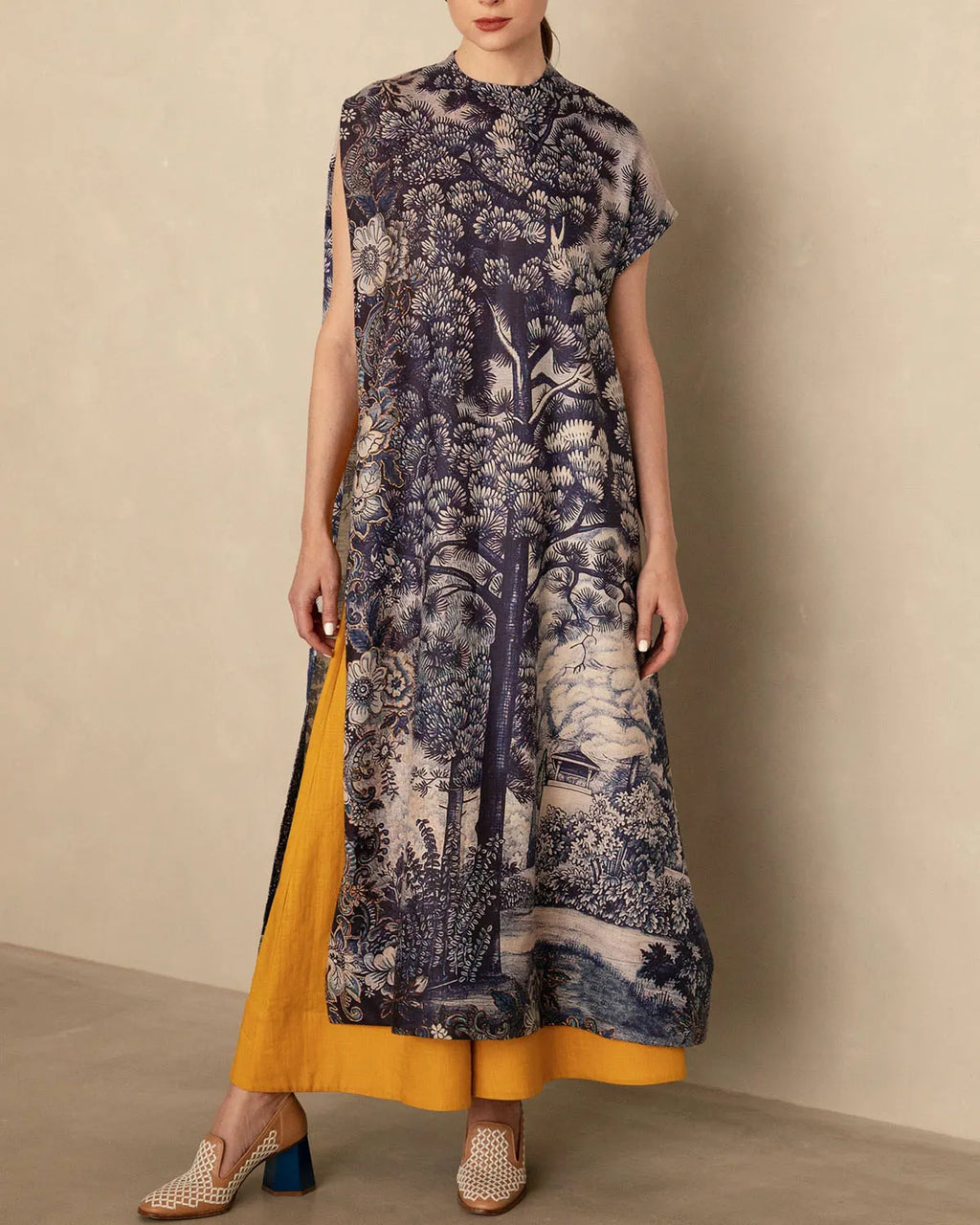 Navy Blue Printed Linen Long Dress And Pants Set