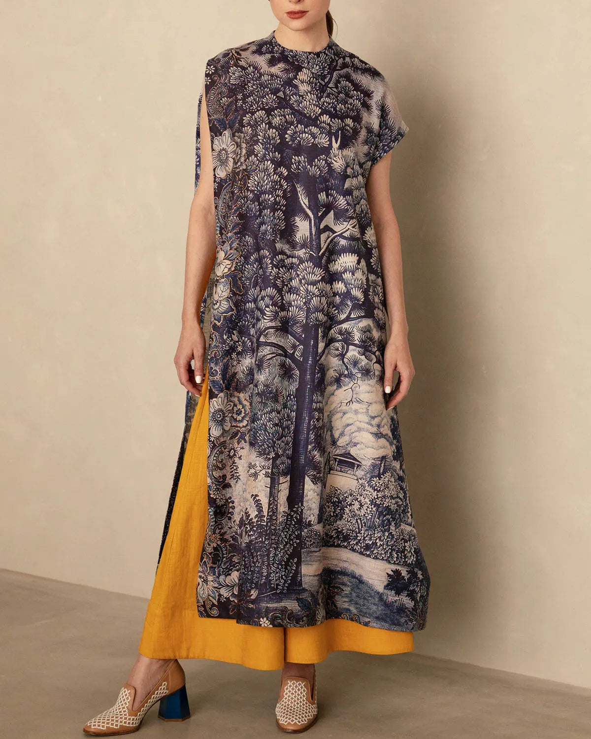 Navy Blue Printed Linen Long Dress And Pants Set