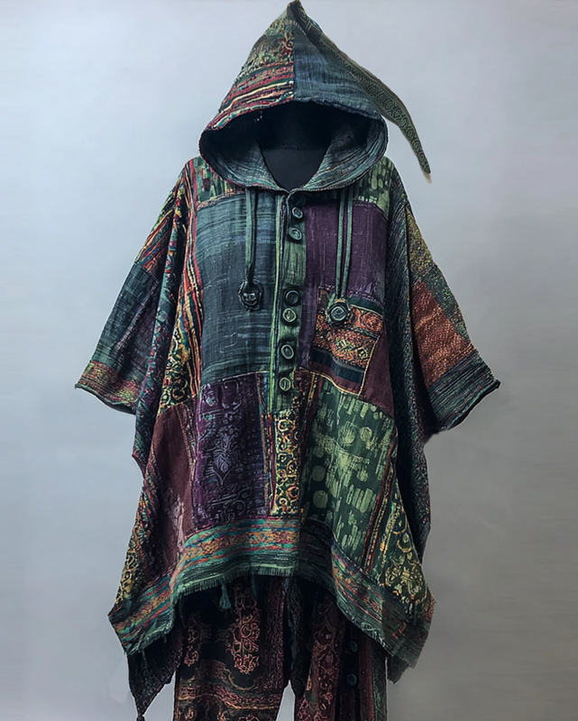 Irregular ethnic patchwork contrast color cape 4f55