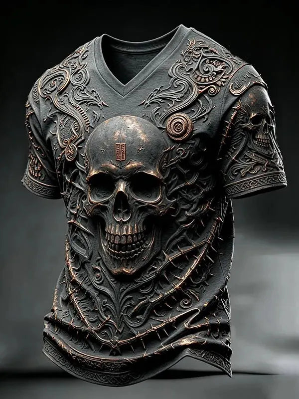 Men's Halloween Gothic  Skull Print Casual V Neck T-shirt